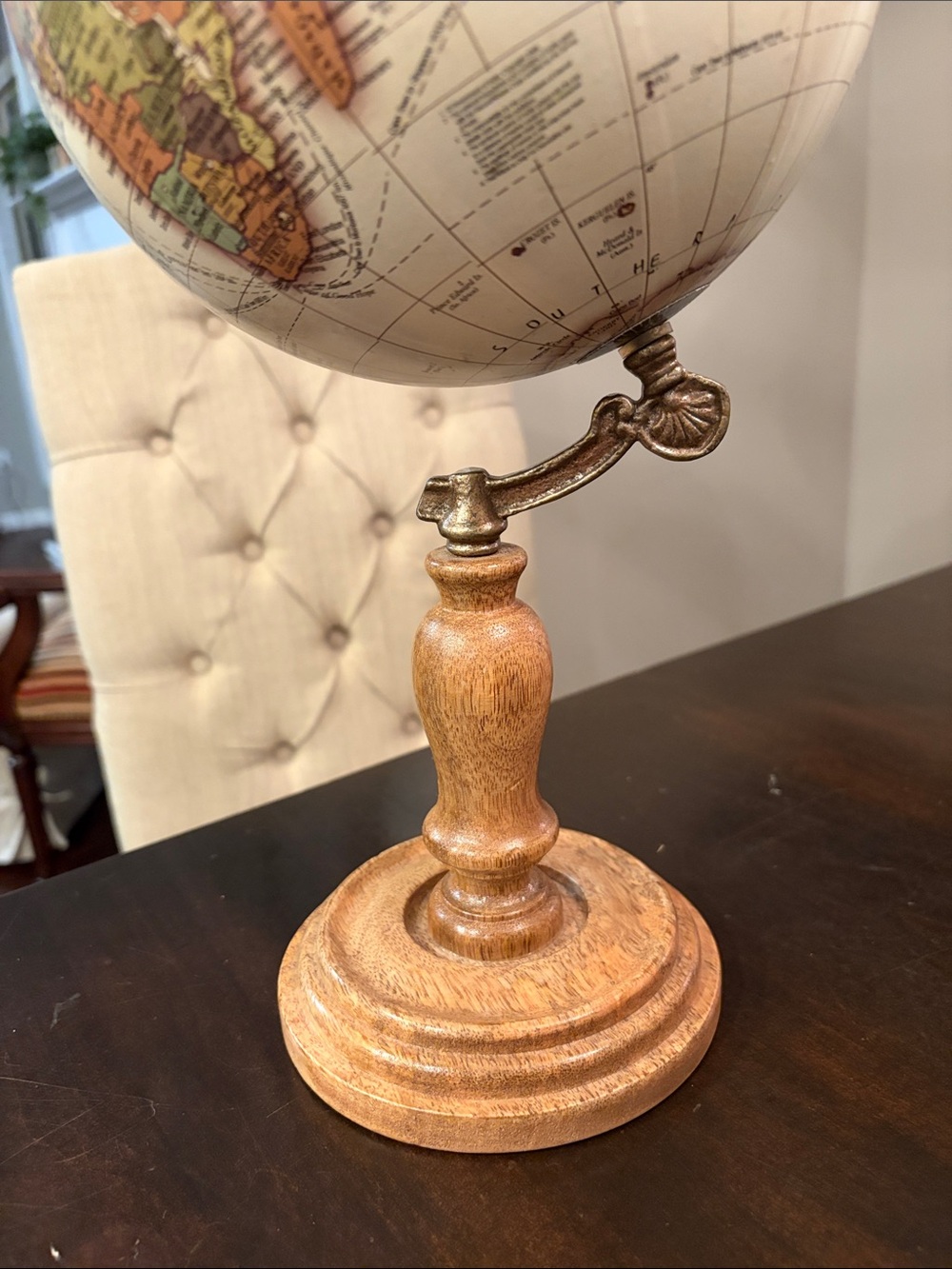 Vintage-Style Beige and Tan Tabletop Globe on Wooden Stand - Picture 6 of 6